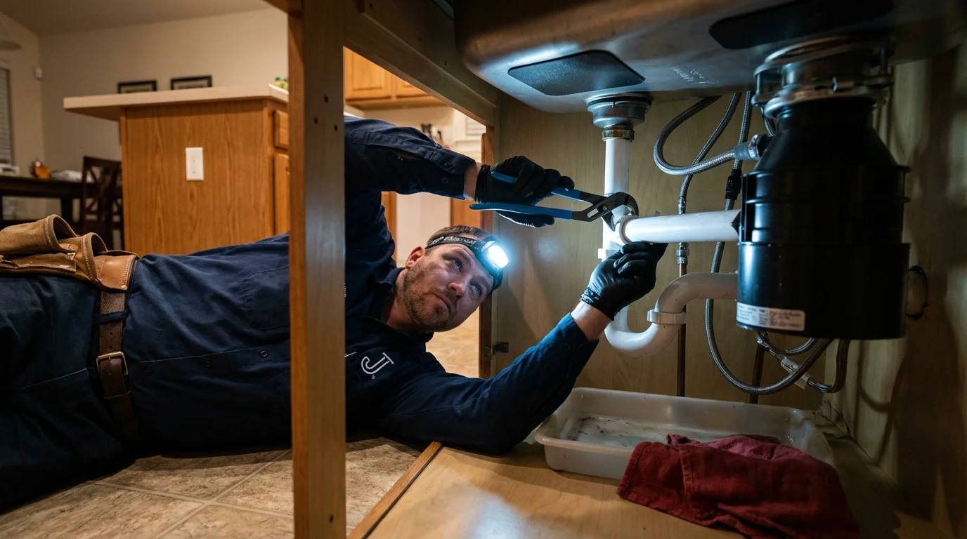 P-trap and supply line connections under a kitchen sink showing a common leak point in Milford, OH